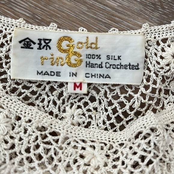 Open Knit Crochet Sweater Womens Size Medium Cap Sleeves Handmade Silk Sheer Top - Picture 10 of 12